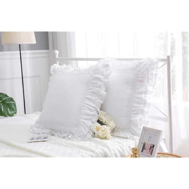 Pillow with warming benefits-2-Pack Luxury Lace White Euro Shams Throw Pillow Covers Cushion Cases With Ruf