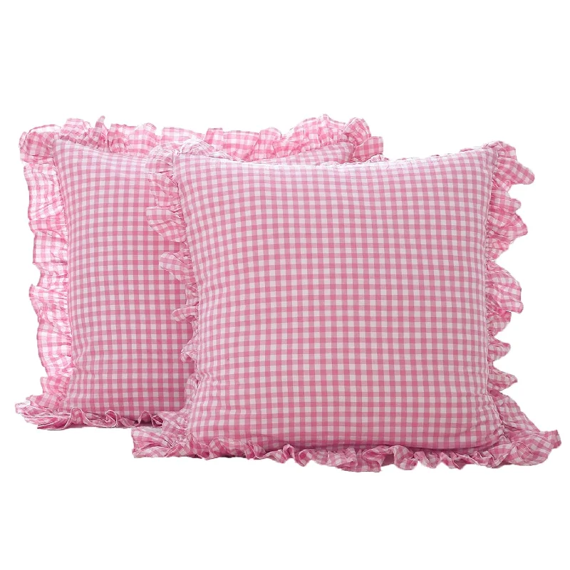 Pillow with organic benefits-2 Pack Pink Plaid Ruffle Euro Pillow Shams 26X26 Inches, Washed Cotton Pink An