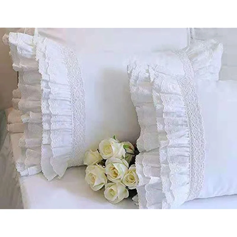 Pillow with outlet price-2-Pack White Pillow Shams Shabby Chic Pillowcases With Lace Ruffles Vintage Pi