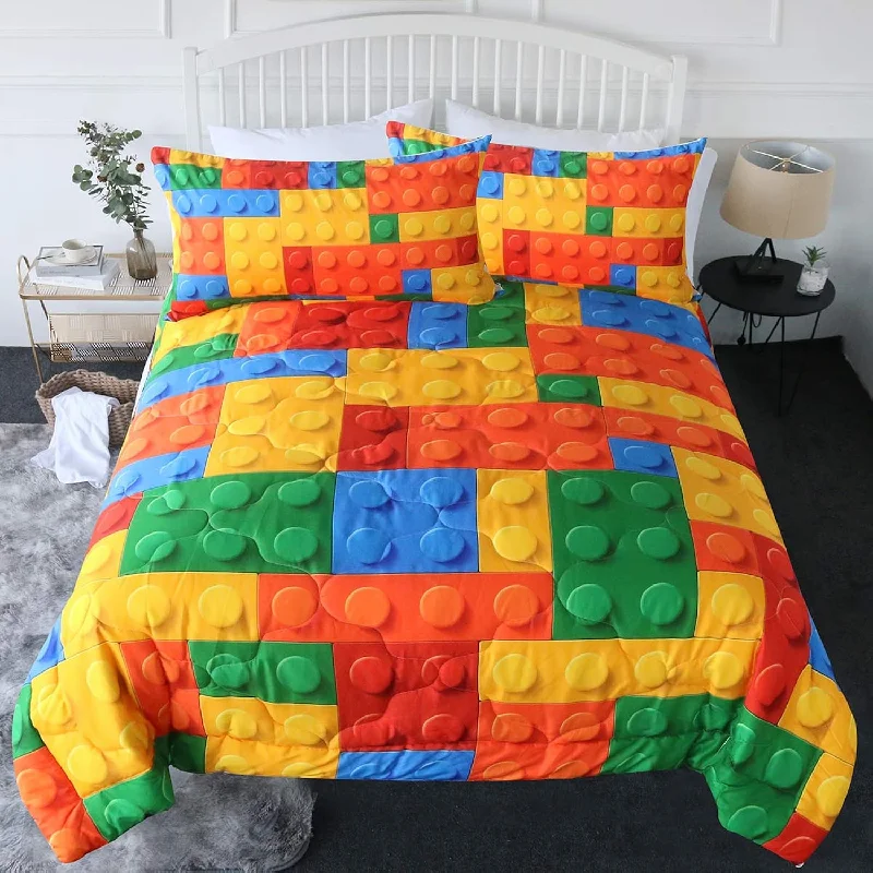 Pillow for large bed-3 Piece Funny Toy Comforter Set With Pillow Shams Colorful Building Blocks Bed