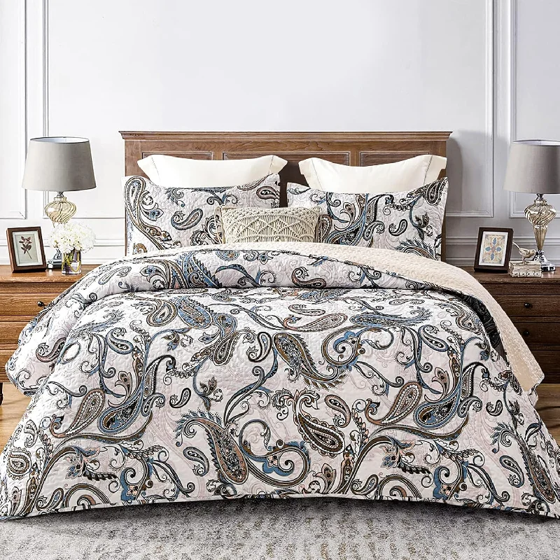 Pillow with large surface-3-Piece Printed Queen Size Quilt Bedding Set With 2 Pillow Shams Lightweight R