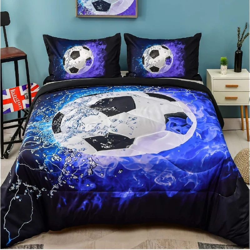 Pillow with cotton blend-3D Soccer Comforter Full(79X90 Inch), 3 Pieces(1 Soccer Comforter, 2 Pillowcas