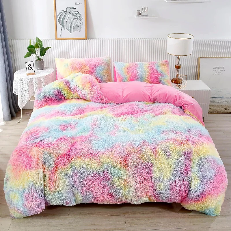 Pillow with supportive core-3Pcs Ultra Soft Long Hair Plush Shaggy Duvet Cover With Pillowcases, Colorful