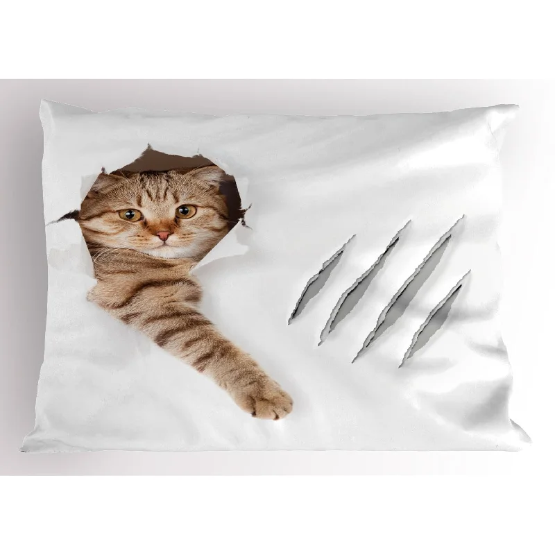 Pillow with square shape-Animal Pillow Sham, Funny Cat In Hole With Claw Scratches Playful Kitten Pet P