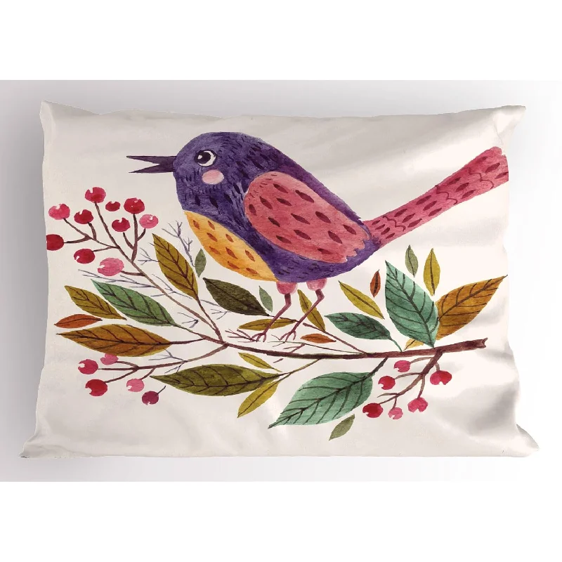 Pillow with closeout benefits-Birds Pillow Sham, Inspirational Spring Themed Watercolor Design Of A Mockingb