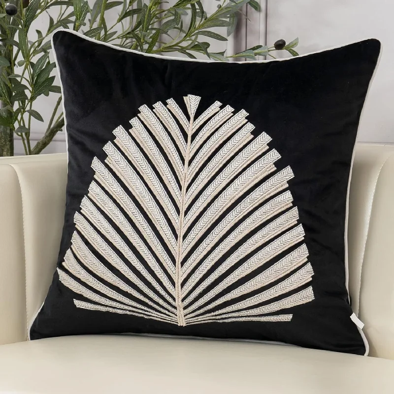 Pillow with handmade benefits-Black White Leaves Velvet Throw Pillow Cover 20 X 20 Inch, Embroidery Square C