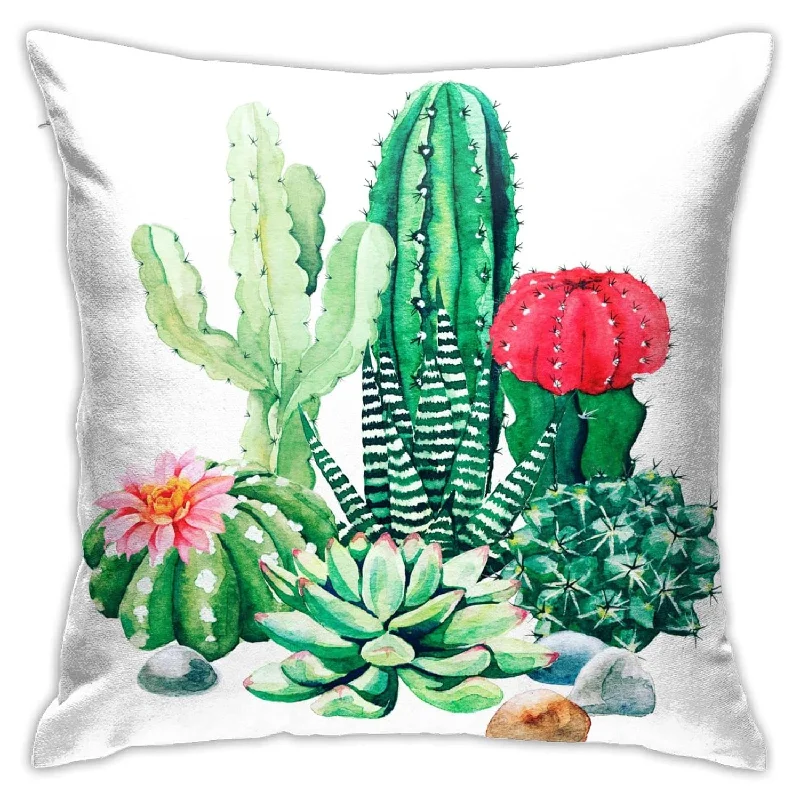 Pillow for sleep apnea-Cactus Throw Pillow Covers Green Plant Cactus Watercolor Red Pink Stone Square