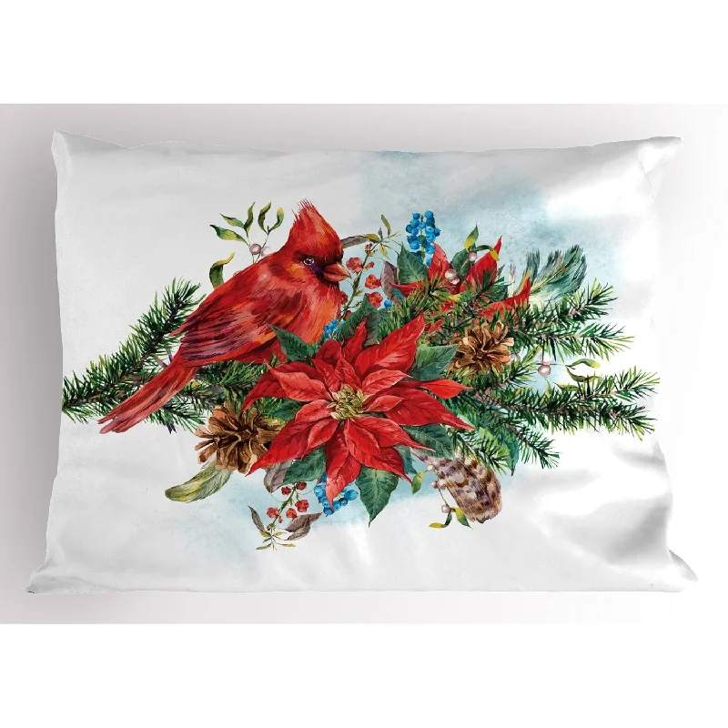 Pillow with side sleeper reviews-Cardinal Pillow Sham, Christmas Themed Bird On Floral Bouquet Poinsettia Pinec