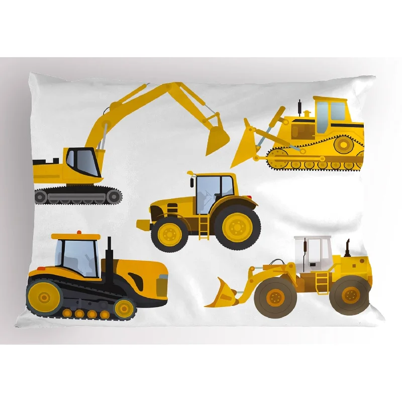 Pillow with stain-resistant fabric-Cartoon Pillow Sham, Animation Inspired Heavy Machinery Drawing Construction B