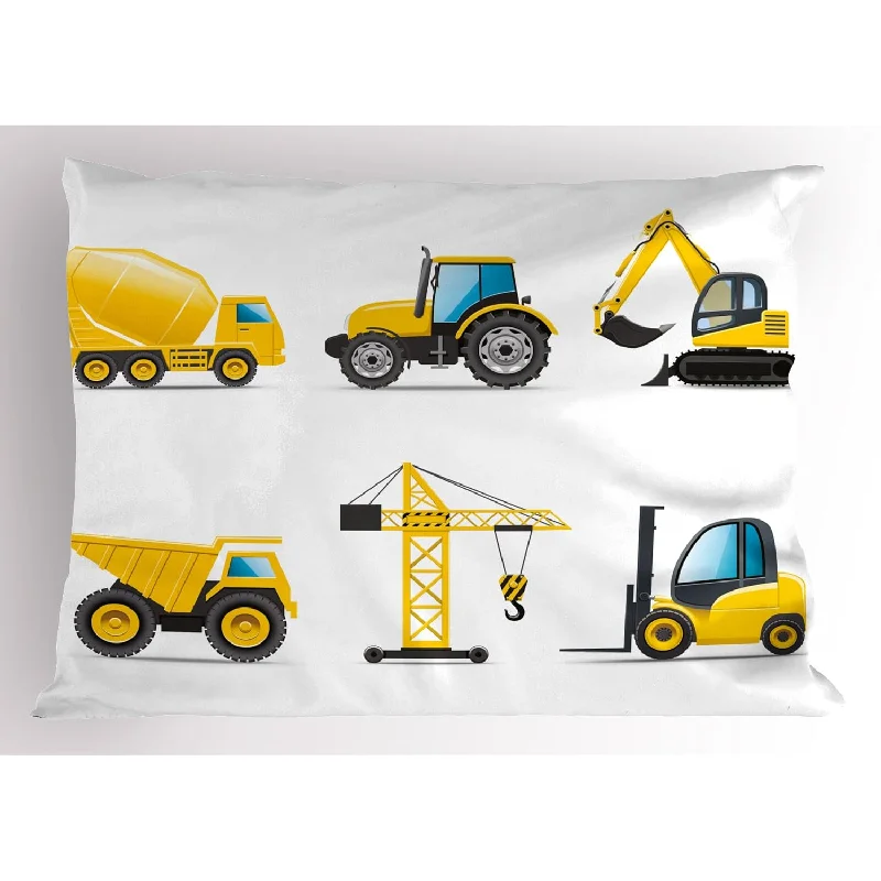 Pillow with down filling-Cartoon Pillow Sham, Style Heavy Machinery Truck Crane Digger Mixer Tractor Co