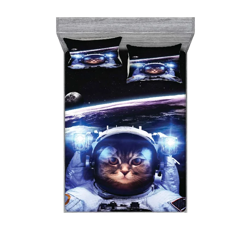 Pillow with French elegance-Cat Fitted Sheet & Pillow Sham Set, Funny Astronaut Cat Above Earth In Outer S