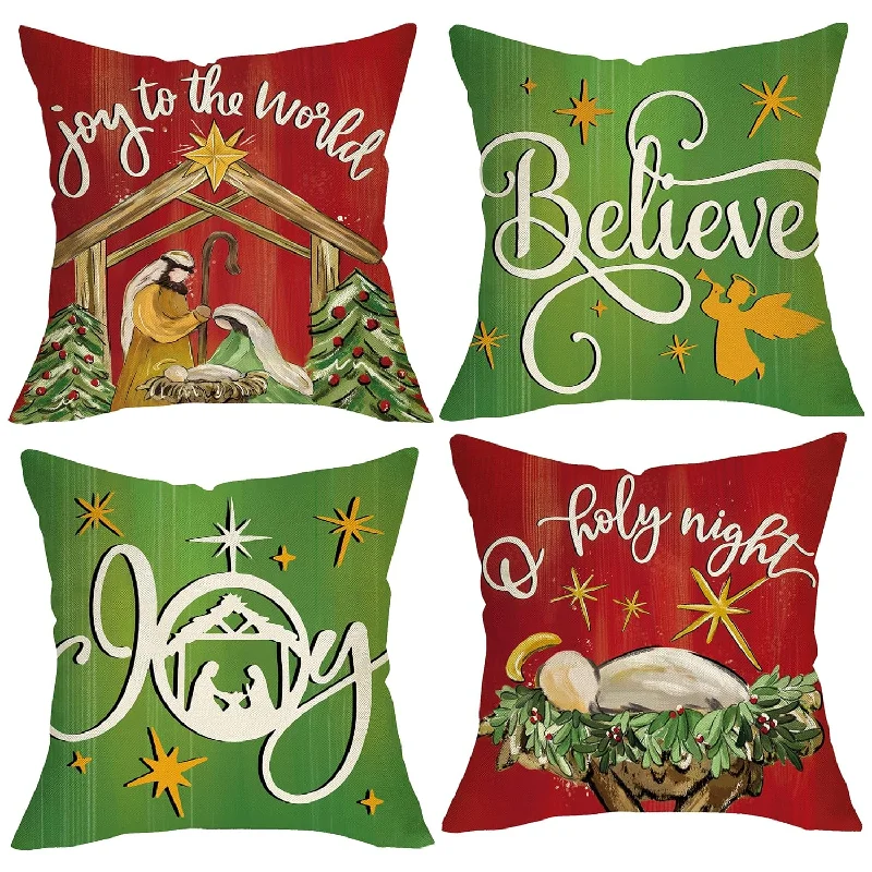 Pillow with global design-Christmas Nativity Scene Decorative Throw Pillow Covers 16X16 Set Of 4, Xmas R