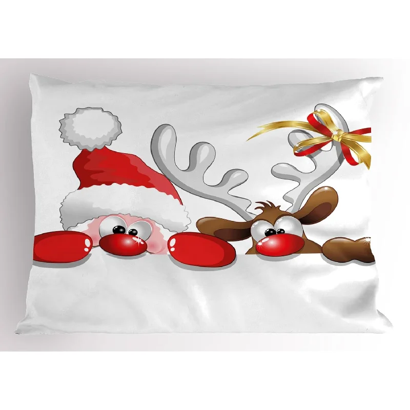 Pillow with undersized benefits-Christmas Pillow Sham, Funny Christmas Santa Claus And Reindeer Peeking Cartoo