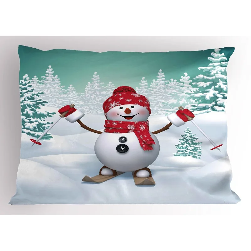 Pillow with high loft reviews-Christmas Pillow Sham, Snow Covered Mountain With Fir Trees And Skiing Snowman