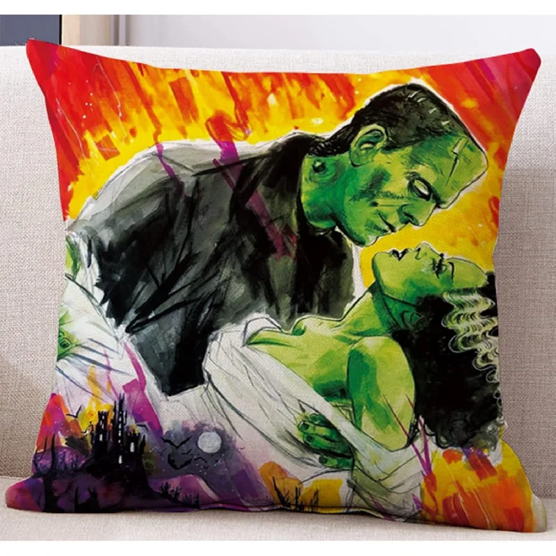 Pillow with sustainable fill-Colorful Couple Throw Pillow Cover Frankenstein And Bride Pillowcase Halloween