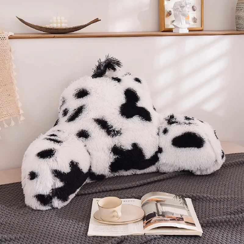 Pillow with storage ideas-Cow Print Reading Pillows Plush Shaggy With Arms Faux Fur Bed Rest Pillow For