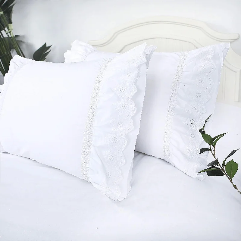 Pillow with warming benefits-Eyelet Pillow Shams Lace Ruffled Standard White Shabby Chic Farmhouse Pillowca