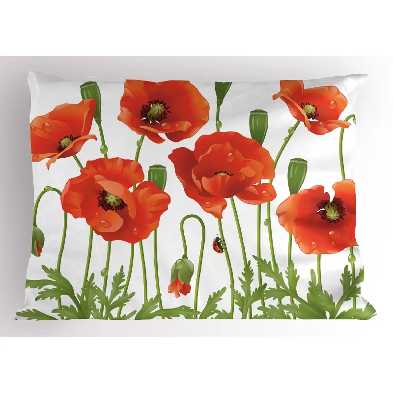 Pillow with resale benefits-Flower Pillow Sham, Spring Wild Flower Poppy Ladybug Leaf Springtime Garden Na