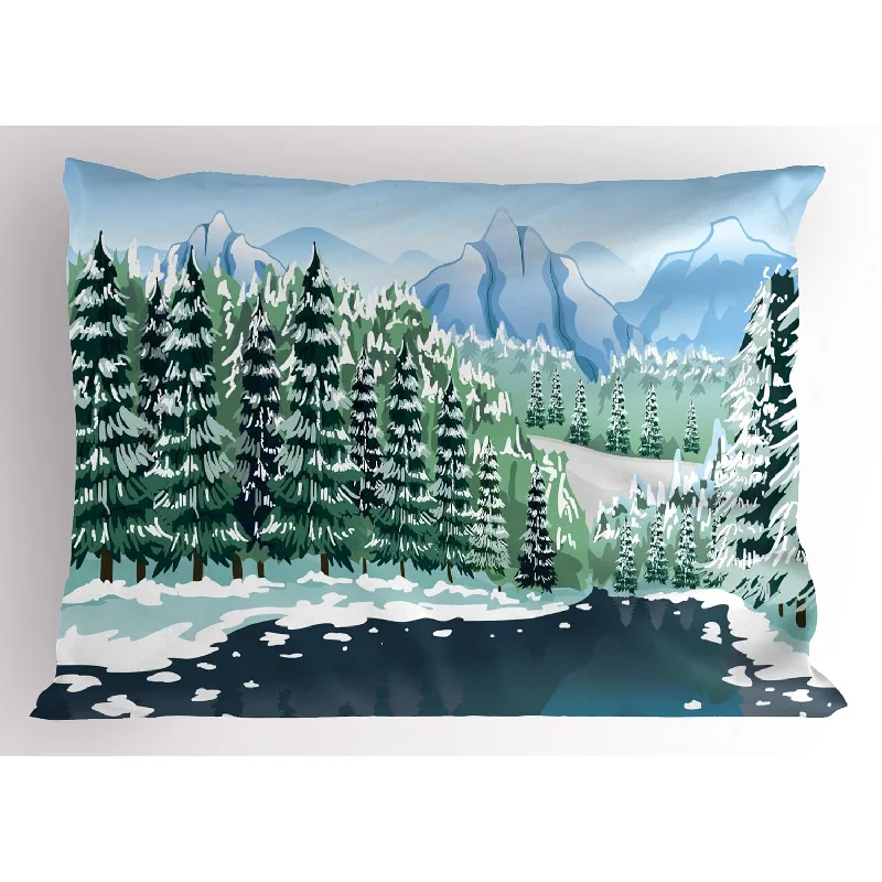 Pillow with ergonomic reviews-Forest Pillow Sham, Wildwood In Winter Season With Snowy Mountains And Frozen