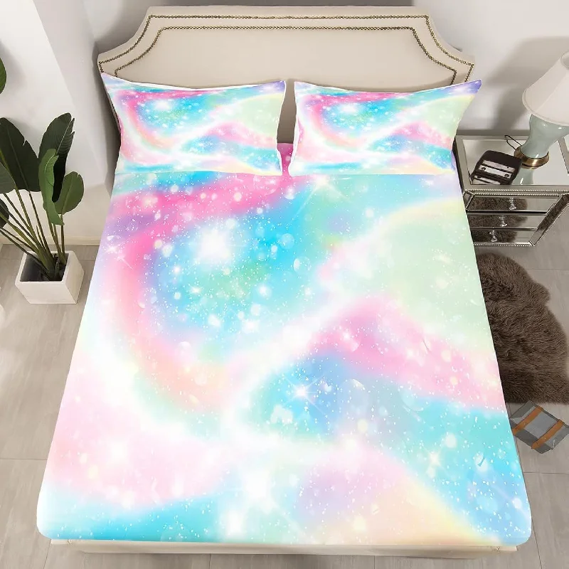 Pillow with showroom benefits-Galaxy Fitted Sheet Sweet Girls Bedding Set 2Pcs With 1 Pillowcase Tie Dye Fit