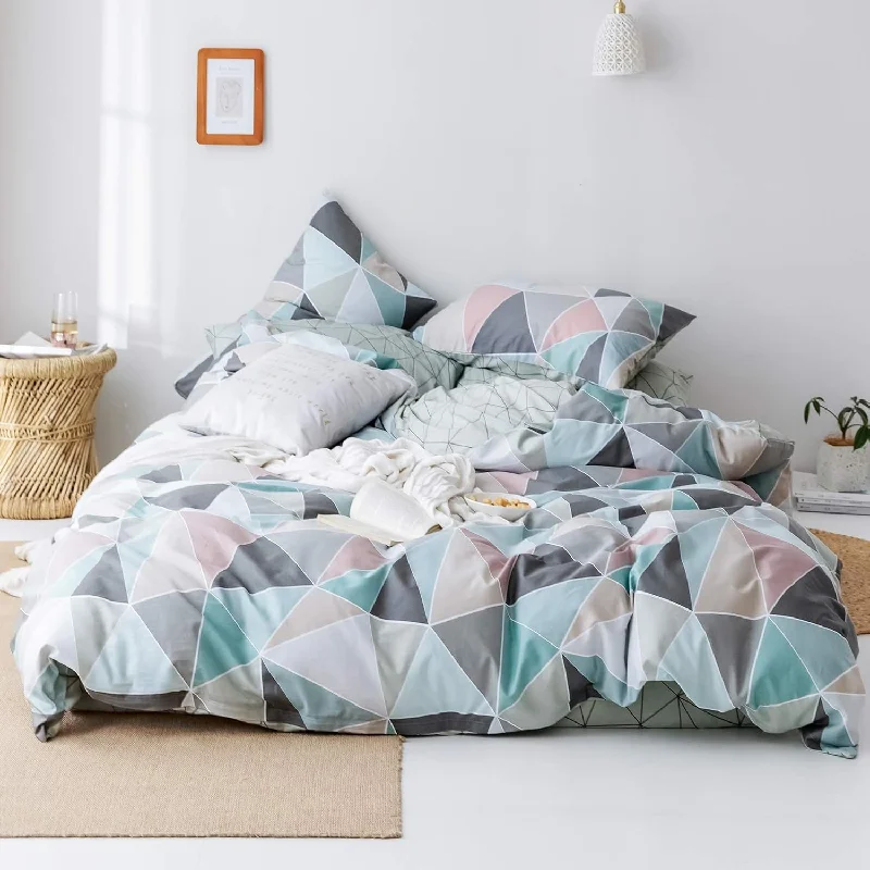 Pillow for back sleepers-Geometric Duvet Cover Queen,100% Cotton Colorful Duvet Cover Matching 2 Pillow