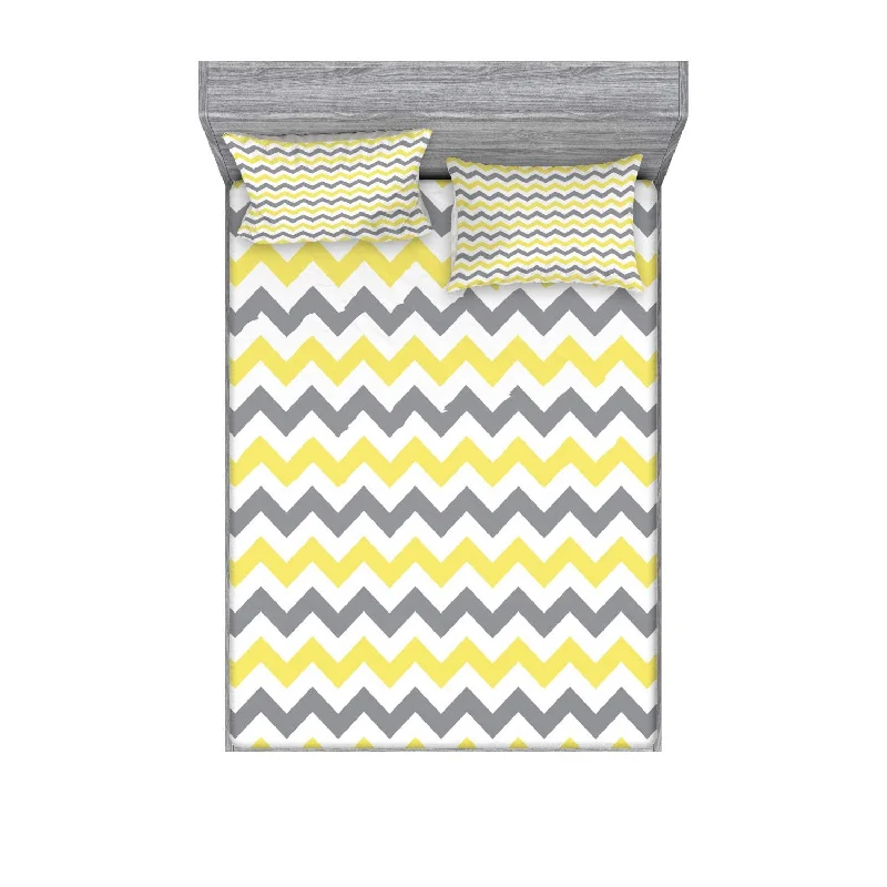 Pillow with bespoke benefits-Geometric Fitted Sheet & Pillow Sham Set, Horizontal Chevron Pattern Zigzag En