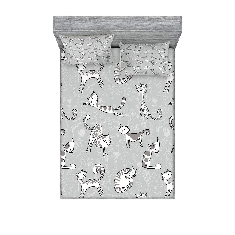 Pillow with made-to-order benefits-Grey Fitted Sheet & Pillow Sham Set, Cats Posing Over Floral Background Feline