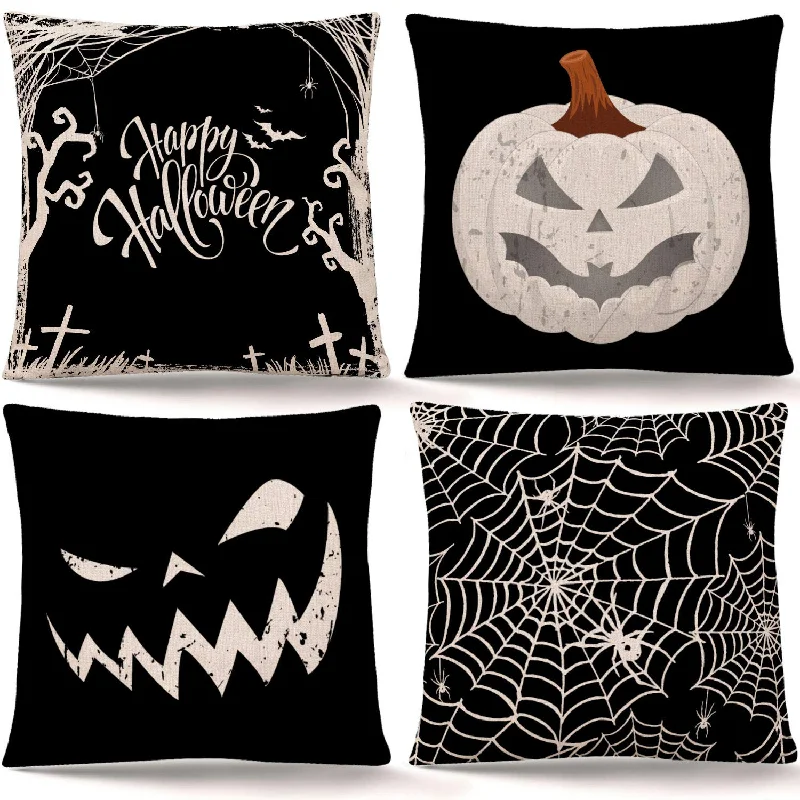 Pillow with travel benefits hacks-Happy Halloween Pillow Cover Pumpkin Spider Web Pillow Case Black Linen Throw