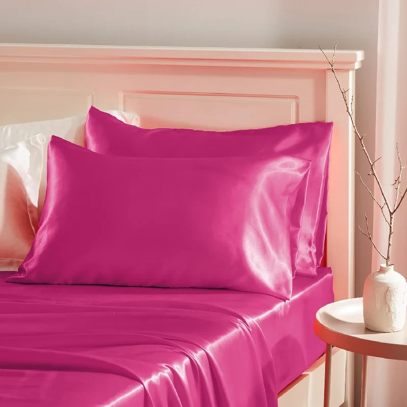 Pillow with feather alternative-Hot Pink Satin Pillowcase For Hair Protection- 2Pcs Standard Pillow Cases, Lux