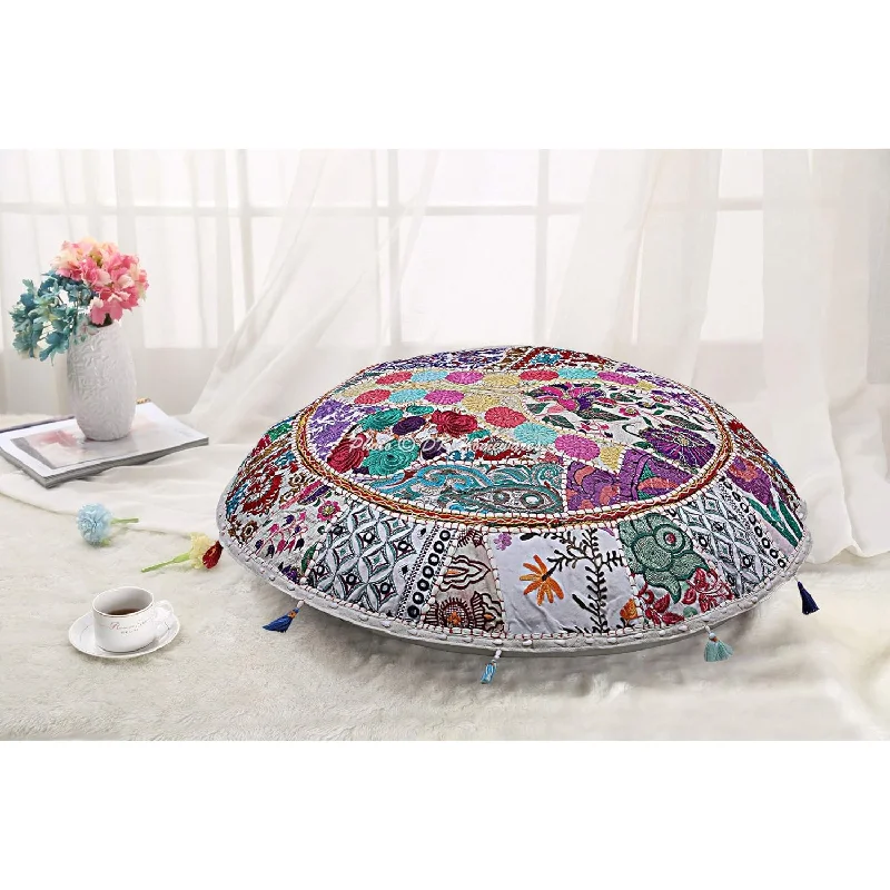 Pillow for home decor reviews-Indian Bohemian Floor Pillow Bed Stool Chair White 22 Inch Patchwork Yoga Pouf