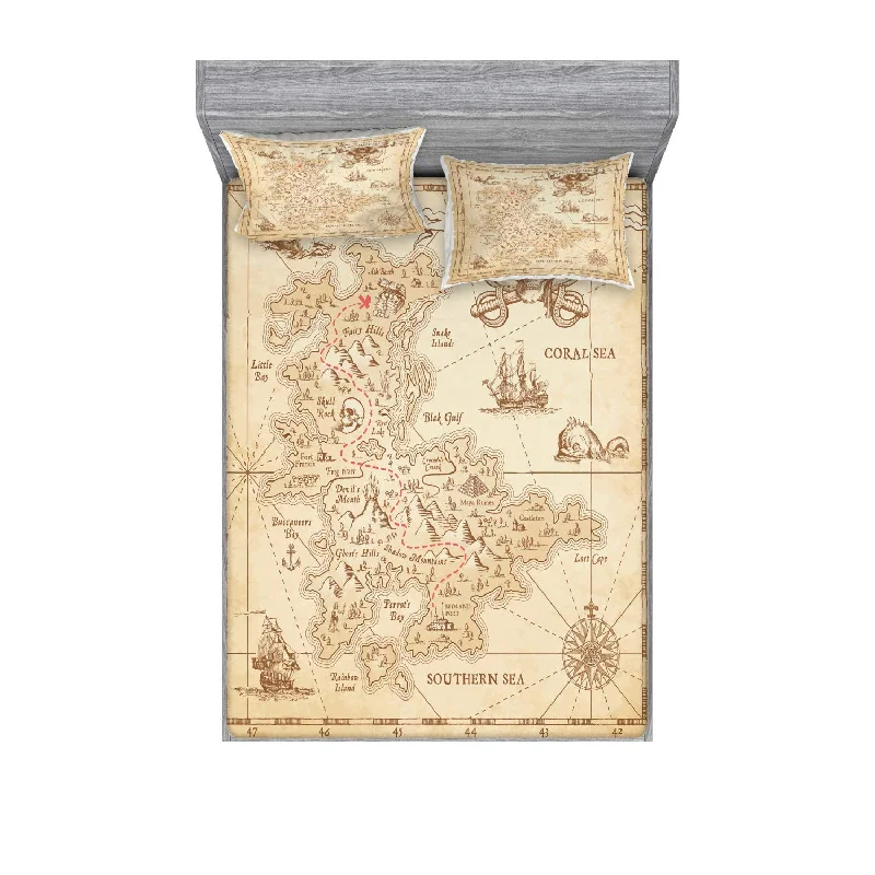 Pillow with classic style-Island Fitted Sheet & Pillow Sham Set Old Antique Treasure Map Details Retro C