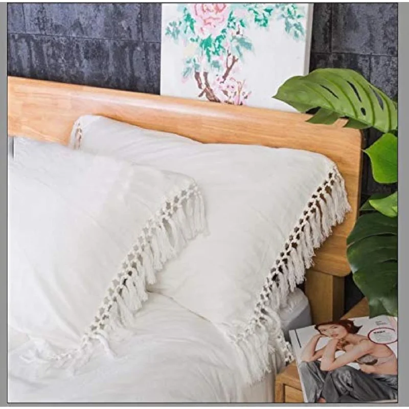 Pillow with organic benefits-Ivory Pillow Covers Cases Shams Off White Pure Cotton Slips With Tassels Boho