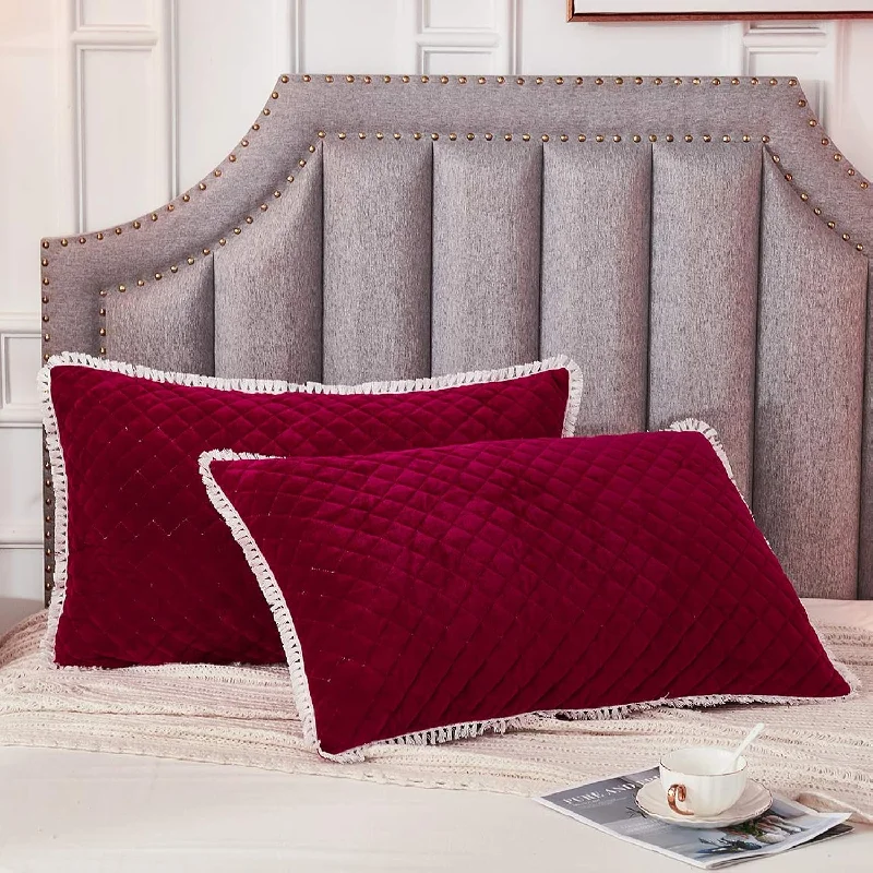 Pillow with pressure benefits-King Pillow Shams Diamond Quilted Velvet Pillowcases 2 Pack Tassels Decorative