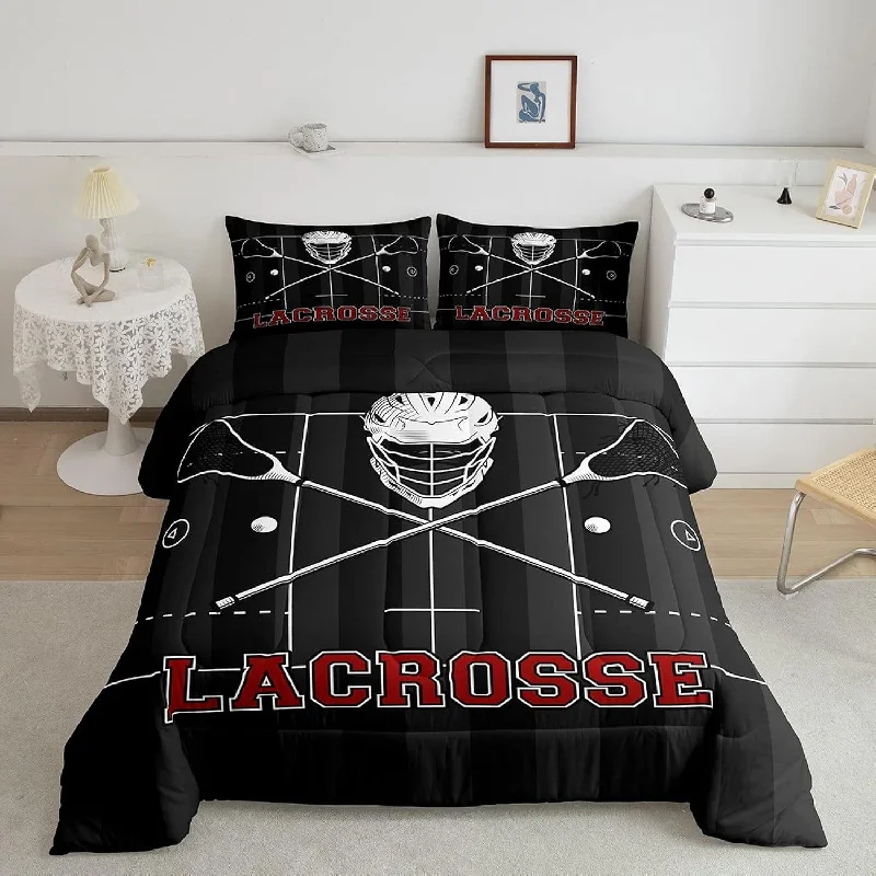 Pillow with carrying case-Lacrosse Comforter Set Queen Size, Sports Gaming Theme Quilt Set With 2 Pillow