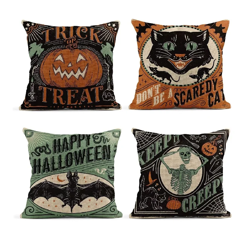 Pillow with high loft-Linen Throw Pillowcase 18 X 18 Inch Set Of 4, Retro Halloween Scary Cat Pumpki