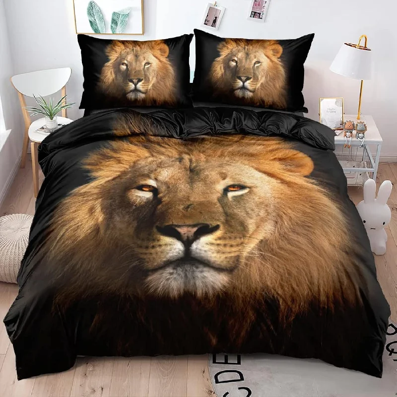 Pillow with pressure relief benefits-Lion Duvet Cover Set Full Size 3D Animal Print Quilt Cover With 2 Pillowcases