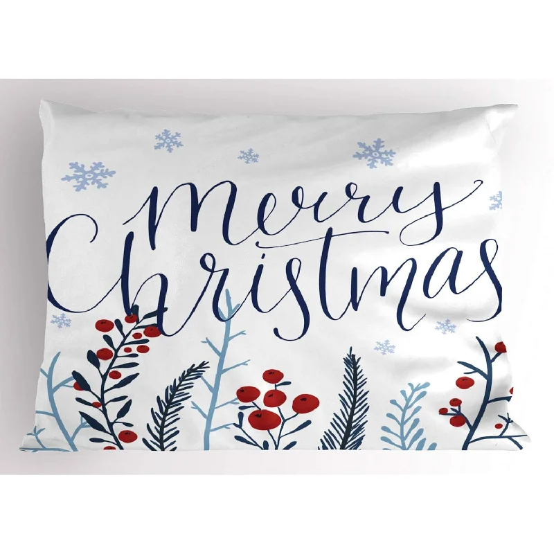 Pillow with drying benefits tips-Merry Christmas Pillow Sham, Botanical Berries And Snowflakes Falling Snow New