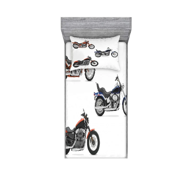 Pillow with thrift store-Motorcycle Fitted Sheet & Pillow Sham Set, Illustration Of 3 Motorcycles Freed