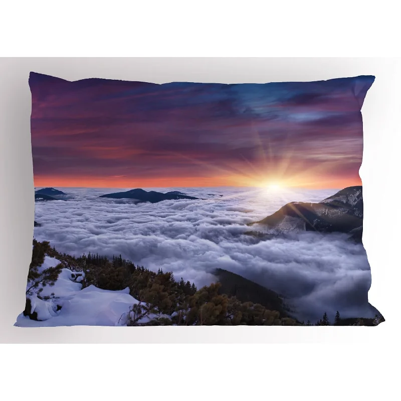 Pillow with bulk benefits-Nature Pillow Sham, Winter Landscape In The Mountains Sunset Majestic Scenes F