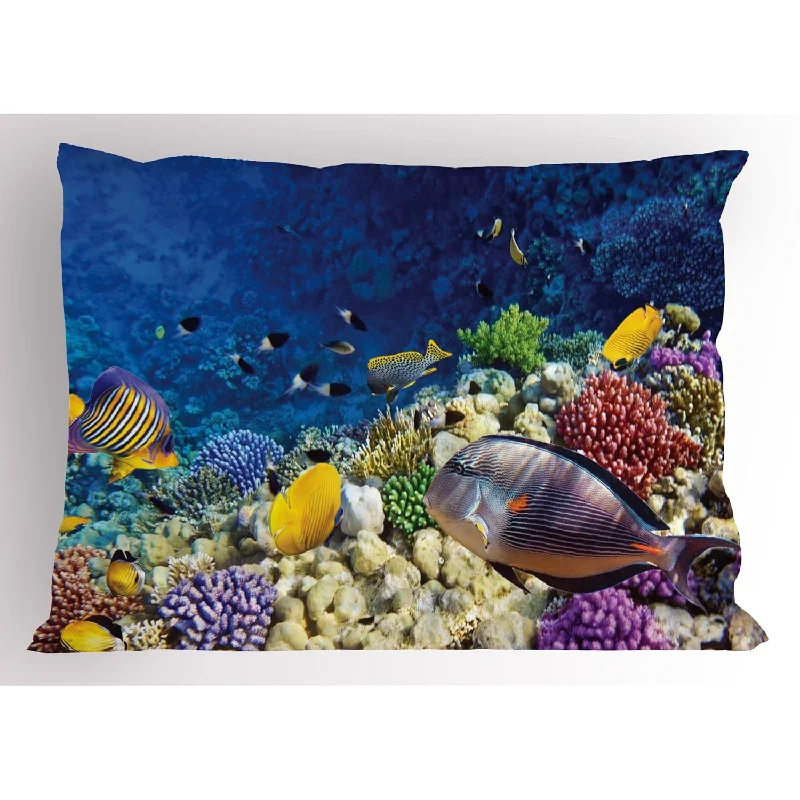 Pillow with seasonal offers-Ocean Pillow Sham, Untouched Wild Aquatic World With Corals Exotic Fishes Red