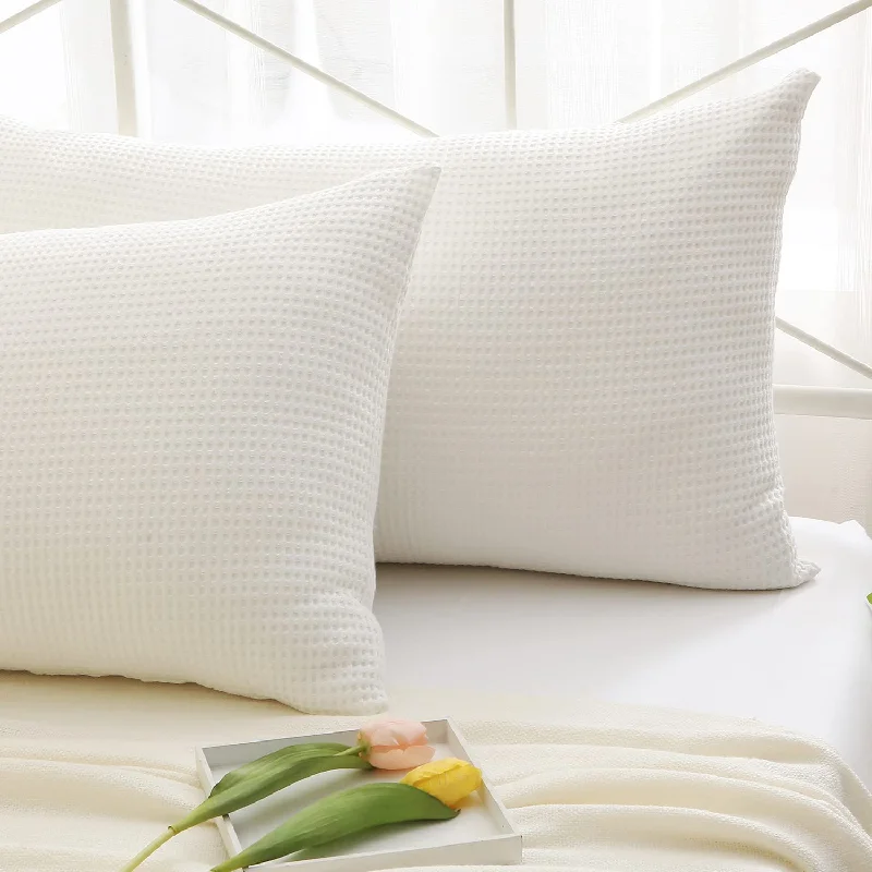 Pillow with extra filling-Off White Waffle Weave Pillow Shams Standard Size Set Of 2, Washed Cotton 20X2