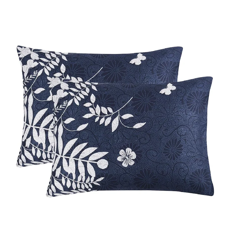 Pillow with minimalist appeal-- Pack Of 2 Pillow Cases, Navy Blue With Gray Grey Floral Flowers Tree Leaves