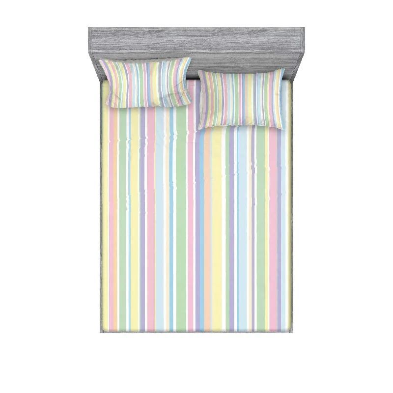 Pillow with stylish look-Pastel Fitted Sheet & Pillow Sham Set, Vertically Striped Pattern Different Co