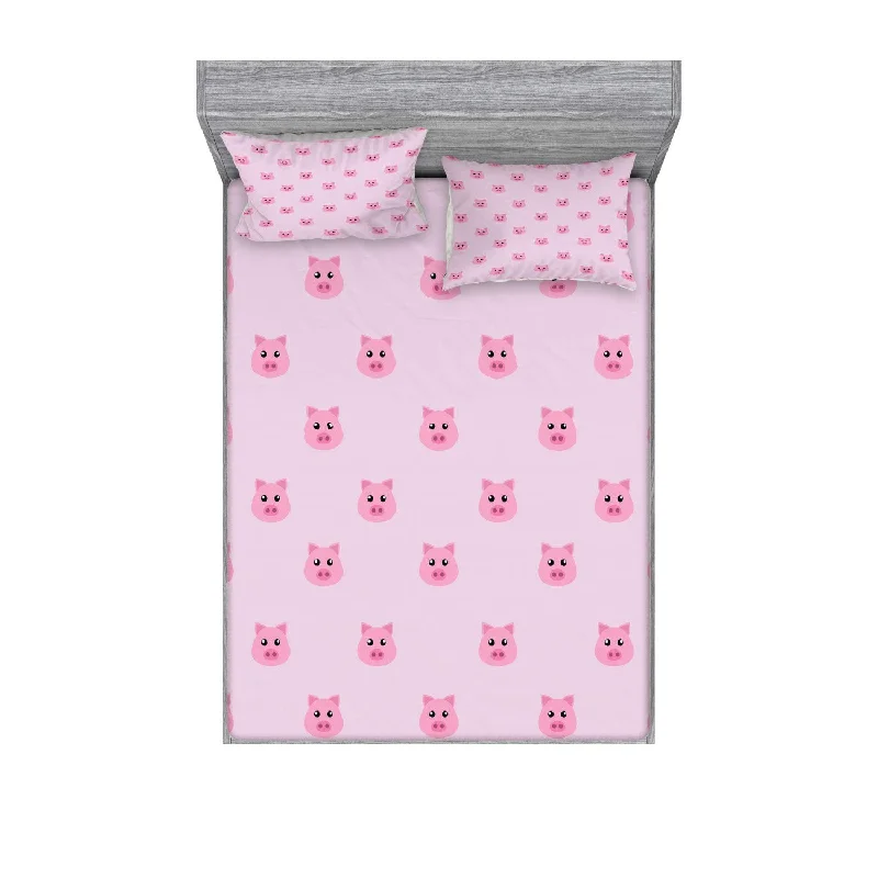 Pillow with standard benefits-Pig Fitted Sheet & Pillow Sham Set, Pig Avatar -Friendly Graphical Style Funny