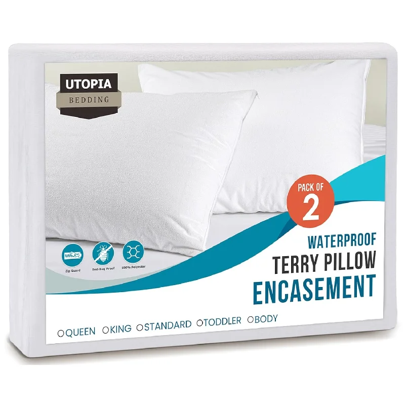 Pillow with closeout deal-Pillow Protectors With Zipper Queen (2 Pack), White, Waterproof Terry Pillow E