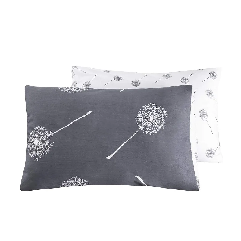 Pillow with functional use-Pillowcases 100% Cotton Queen Size Set Of 2 Gray Grey White Dandelion Floral P