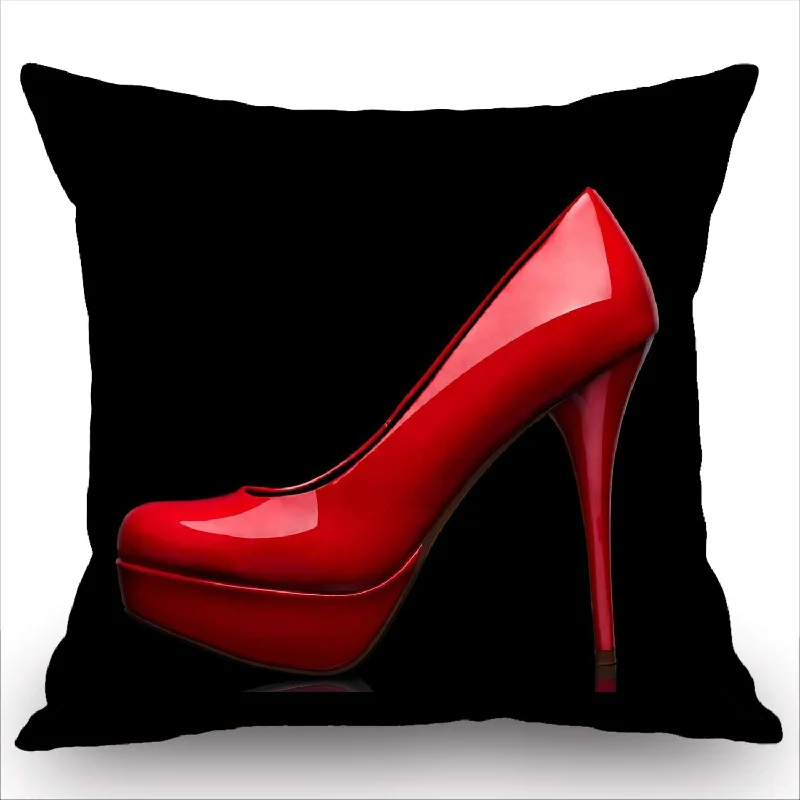 Pillow with softness benefits-Red High Heels In Black Cotton Burlap Linen Throw Pillow Case Cushion Cover So