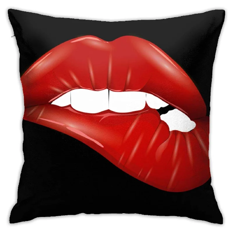 Pillow with firm padding-Red Lip With White Teeth Satin Black Throw Pillow Covers Decorative 18X18 Inch