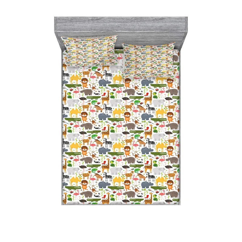 Pillow with curbside benefits-Safari Fitted Sheet & Pillow Sham Set, Cartoon Style Animal Pattern Safari The