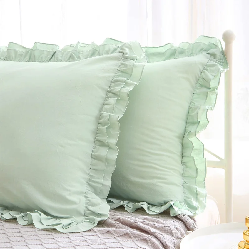 Pillow for shoulder support-Sage Green Ruffle Euro Pillow Shams 26X26 Set Of 2, Washed Cotton Shabby And C